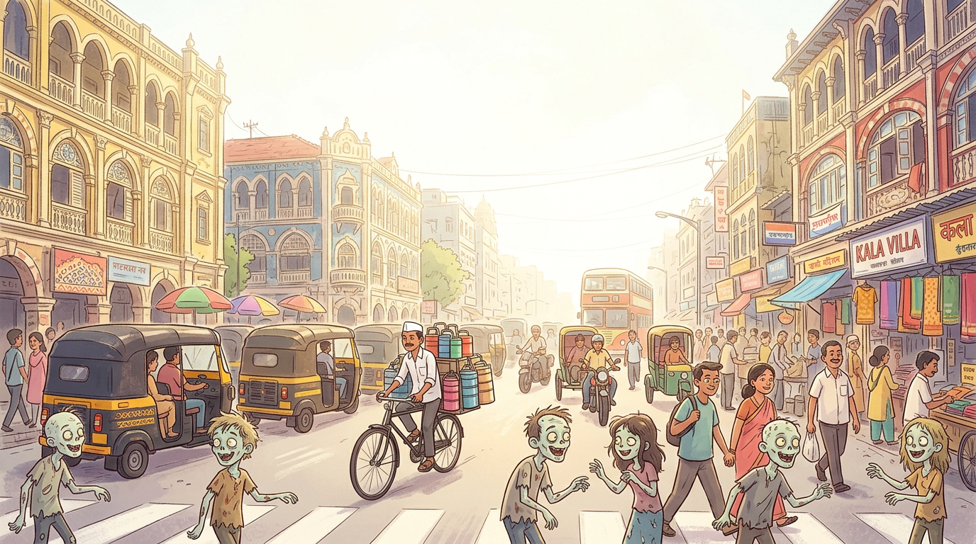 Generated illustration of a busy Mumbai street in bright haze, with friendly zombies mingling along the bottom