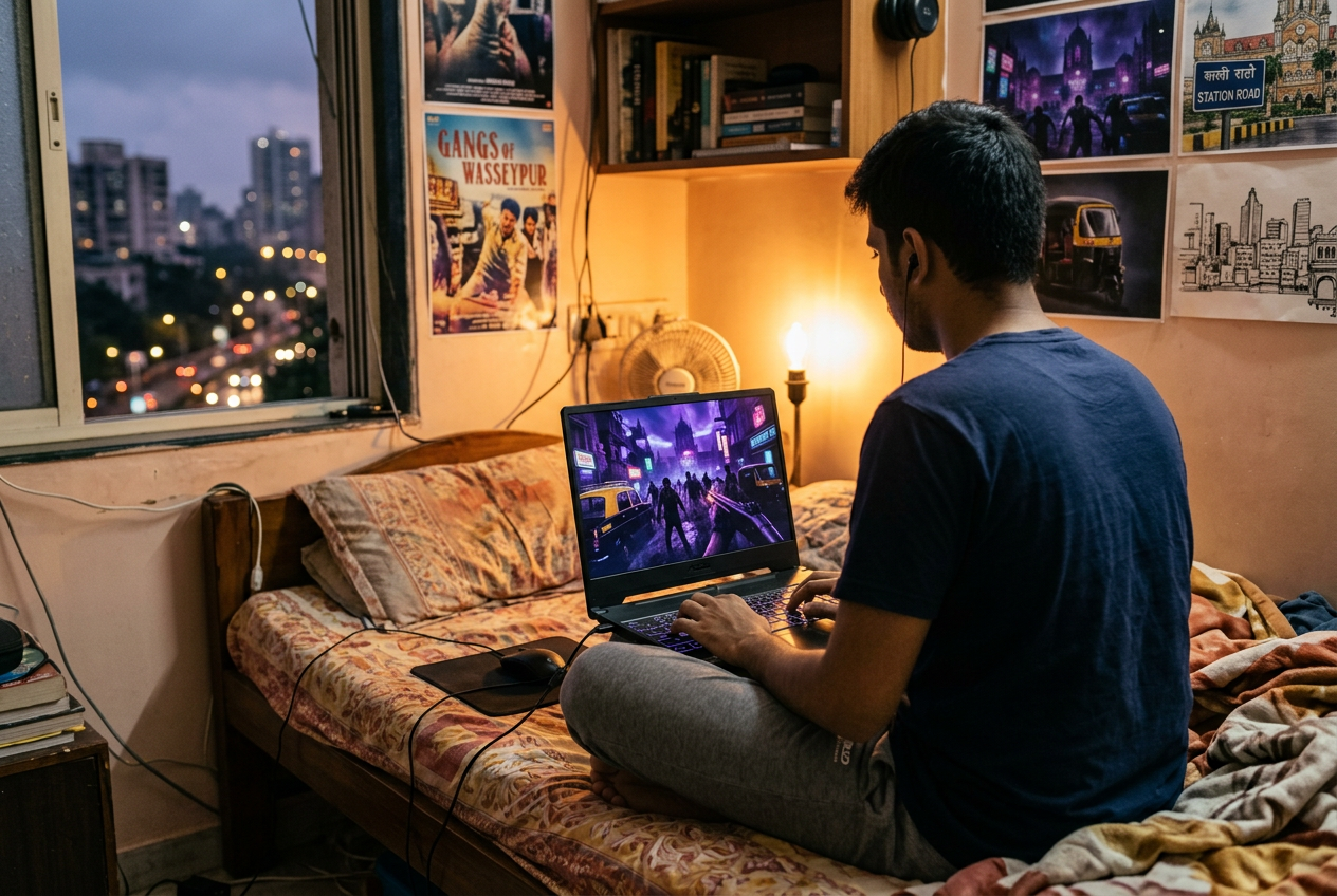 Generated image of a player on a bed in the evening, playing the game on a laptop