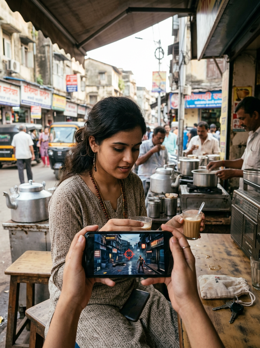 Generated image of a player at a chai stall, playing the game on a phone