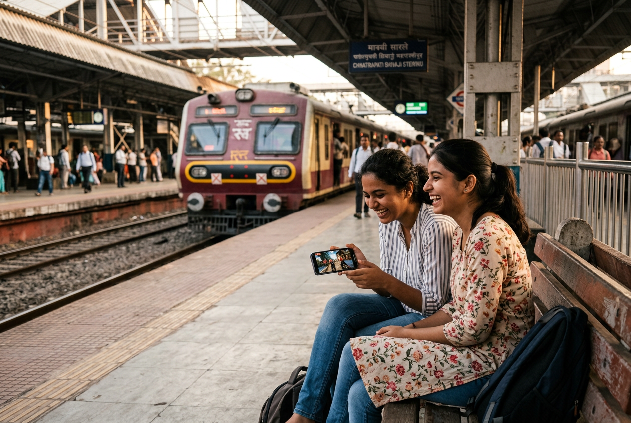 Generated image of two friends on a station bench playing the game on a phone